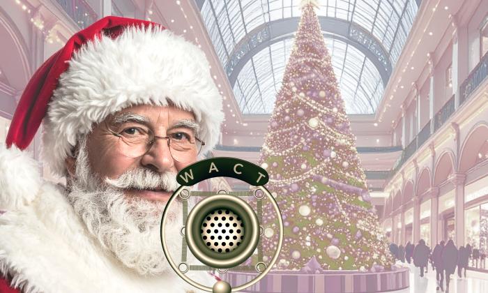 Santa Clause in the forefront with a dimmed shopping plaza and Christmas tree in the back